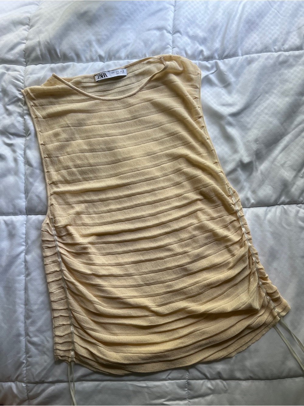 Mermaid Core Zara Cream Sleeveless Ruched Sheer Knit Top, Size Women’s L
